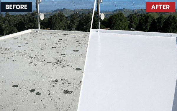 Flat roof before and after waterproofing with a seamless white Noxyde membrane