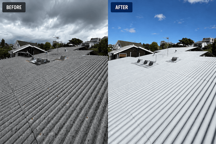 Asbestos cement roof before coating and after Noxyde is applied