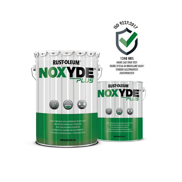 Noxyde Plus 5 kg can and 20 kg pail with ISO 9227 salt spray test badge