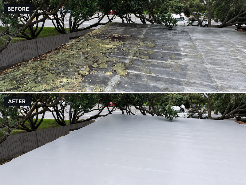 Lichen covered flat roof before and seamless coated membrane after