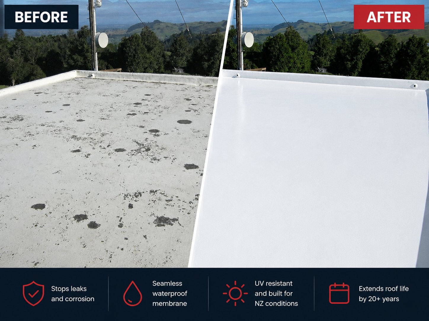 Neglected roof restored with a seamless waterproof membrane, before and after
