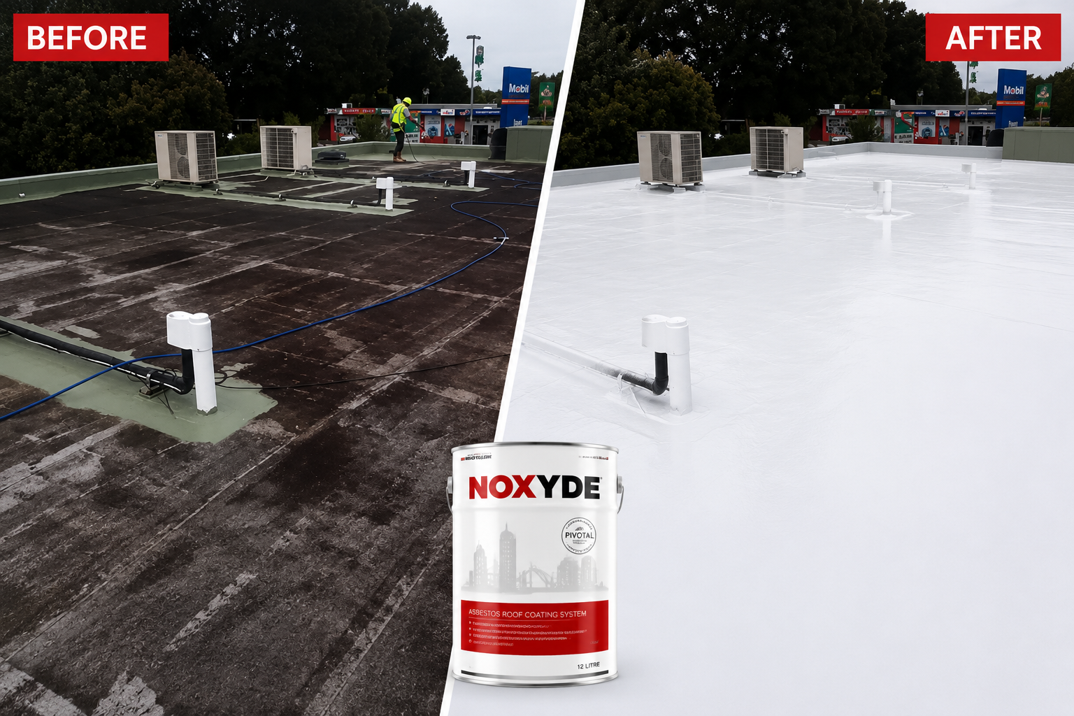 Commercial flat roof before and after the Noxyde roof coating system